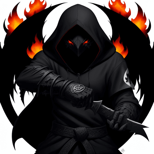 AI generated: The image features a stylized logo of a hooded shadow killer character, dark flames, with a white bo...