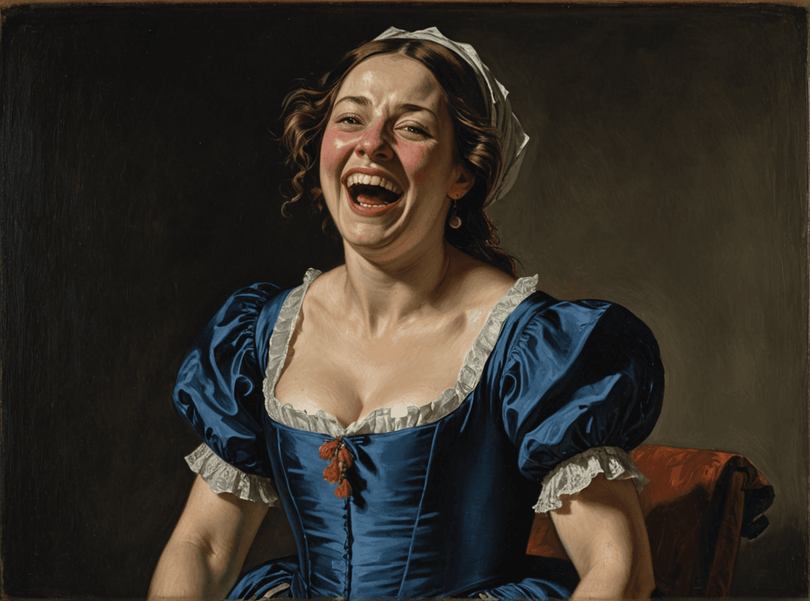 AI generated: a woman in blue dress laughing loud reimagined in the dramatic and masterful style of Frans Hals. Us...