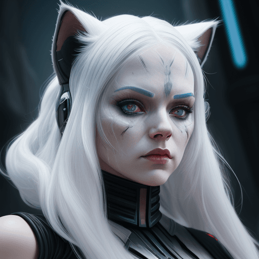 AI generated: female Sith lord from STAR WARS, white hair, cat ears, beautiful face, detailed face, hyperdetailed,...