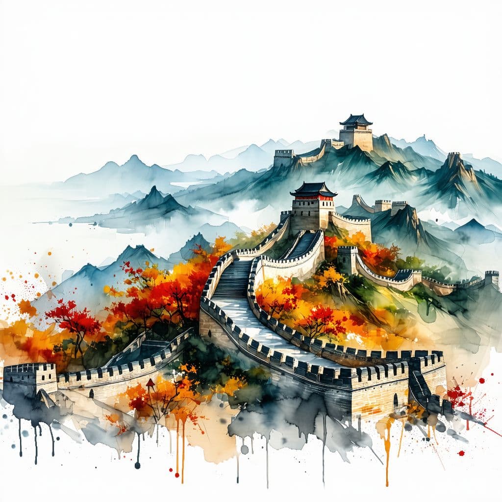 AI generated: watercolor painting of the Great Wall in autumn, in the style of a Chinese ink painting, with an ora...