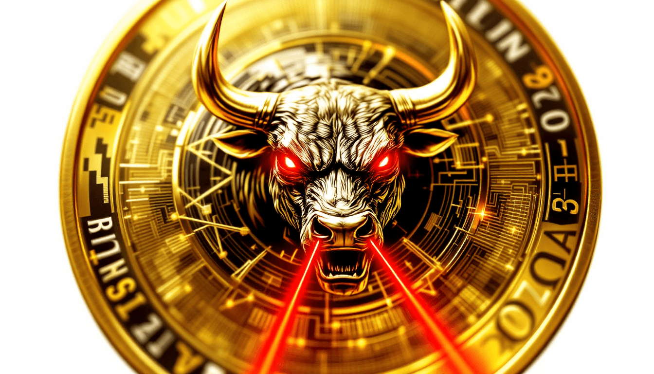 AI generated:  high-resolution golden meme coin featuring a stylized, aggressive bull with glowing red laser eyes....