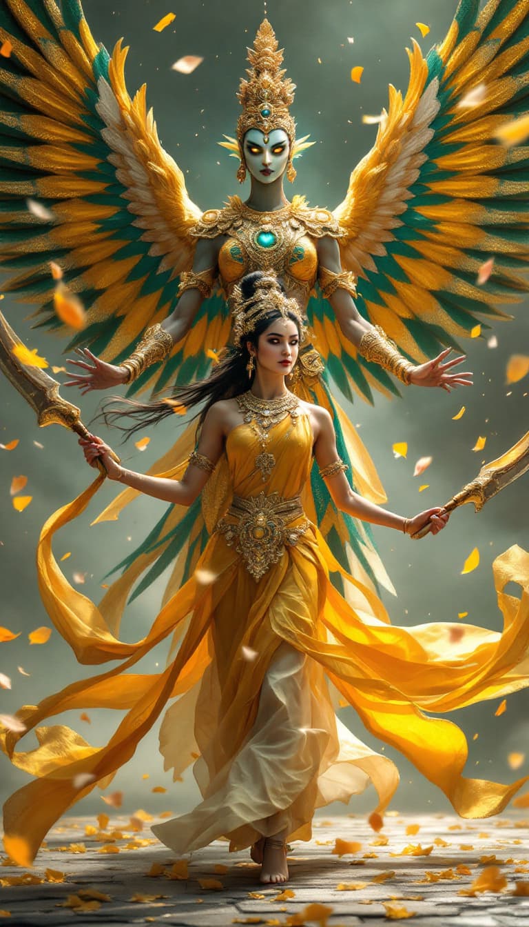 AI generated: An ultra-realistic, wide angle, front facing, full-body portrait of a mesmerizing Dancer in golden t...