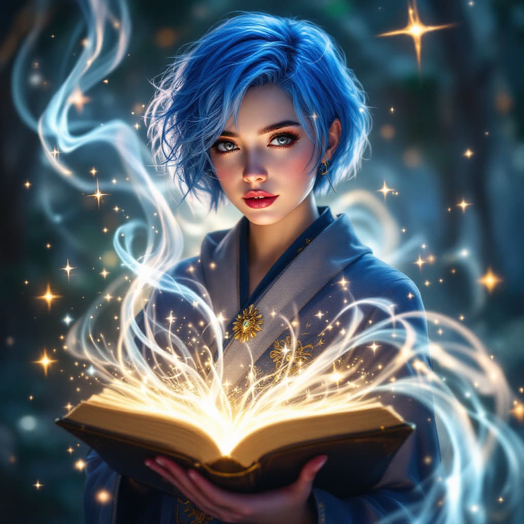 AI generated: “photogenic woman with short blue hair holding a magical book| magical glowing trails| light dust| f...