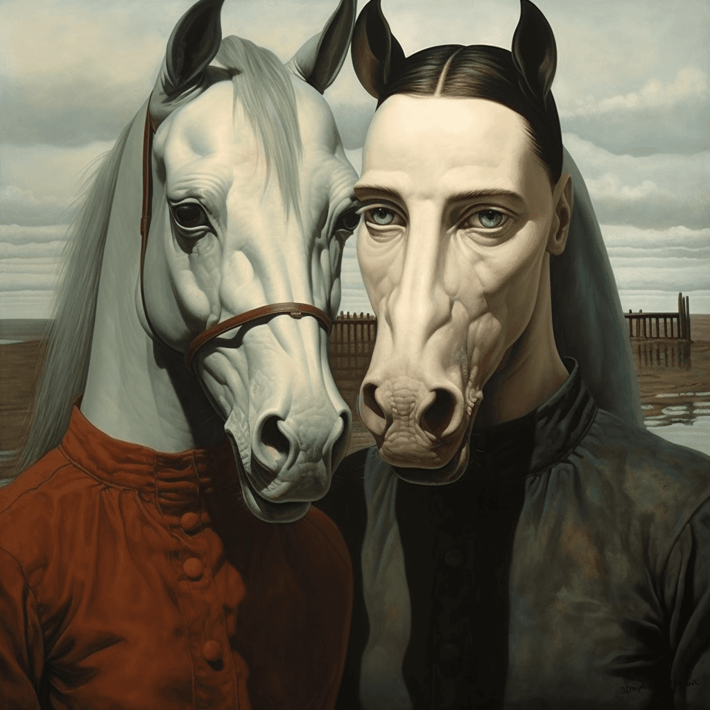 AI generated: The barker points to Siamese twins ,The stranger looks away, The eyes of horse faced women