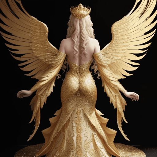 AI generated: A man adorned in a golden, intricately designed gown that cascades down to the ground. She is also w...