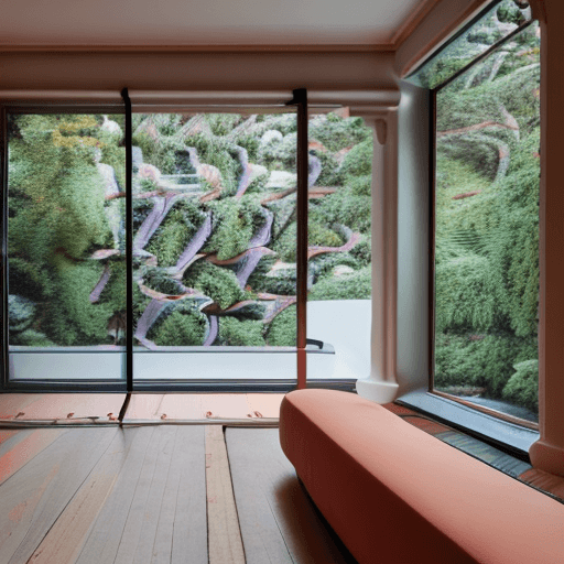 AI generated: High resolution photography interior design, dreamy sunken living room conversation pit, wooden floo...