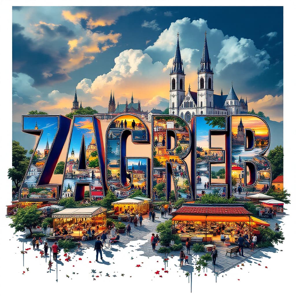 AI generated: A striking, high-contrast cinematic photo-style vertical collage that captures the essence of Zagreb...
