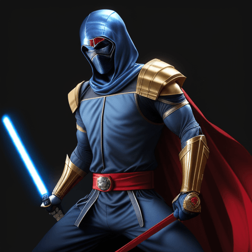 AI generated: a tall black and blue ninja that looks like sub-zero with a sword and red belt, who is up against a ...