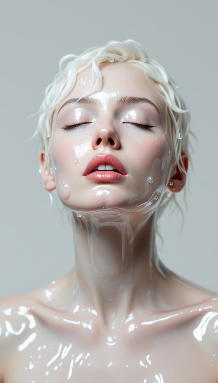 AI generated: a stylized artistic representation of a person with pale skin, light blonde hair, and closed eyes. T...