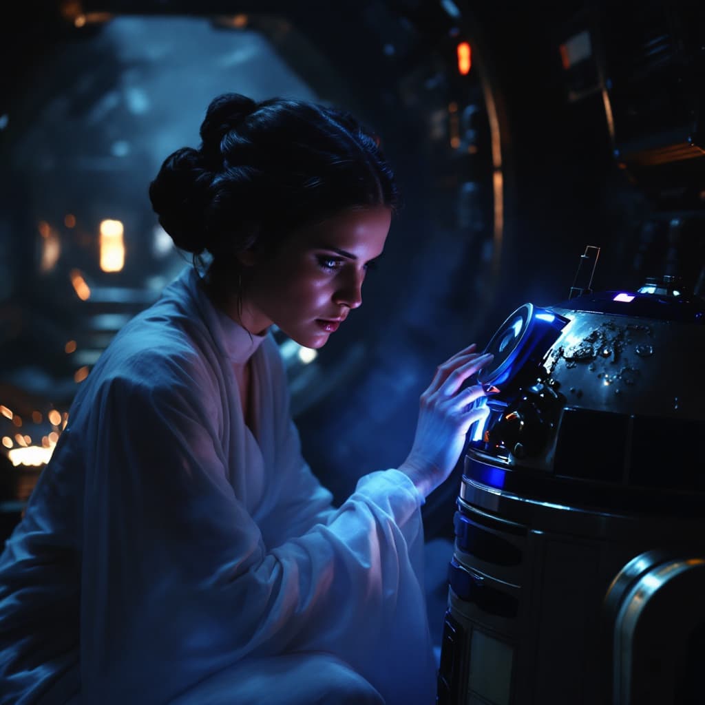 AI generated: "An ultra-detailed, cinematic scene of Princess Leia Organa crouched closely beside R2-D2 in the dar...