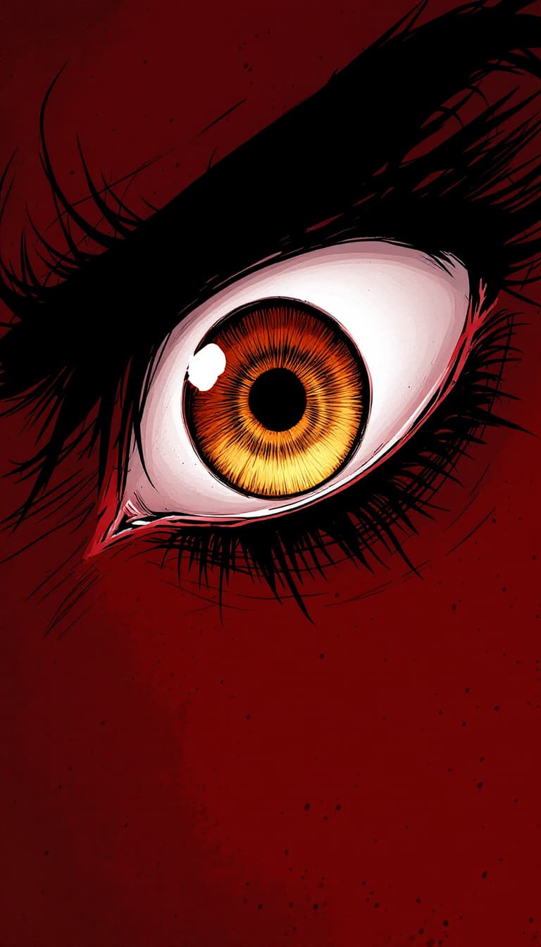 AI generated: manga panel of a close-up eye, intense, against a dark red background, in the style of Kentaro Miura...