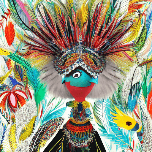 AI generated: A bird with vibrant feathers, in a feathered headpiece, with sparkling eyes and a mischievous expres...