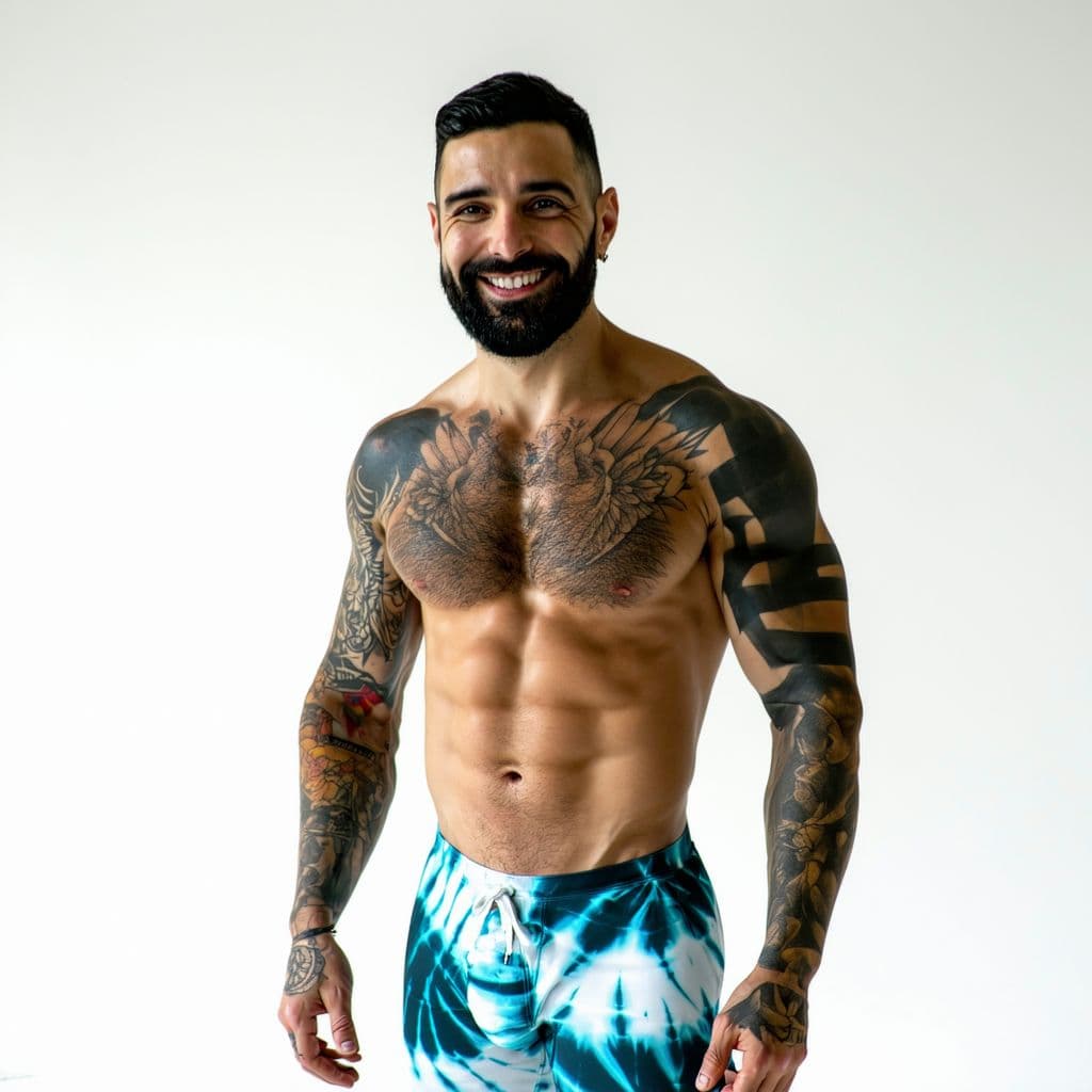 AI generated: A man in his thirties. He is muscular and hairy chest and stomach. He is shirtless with a black tatt...