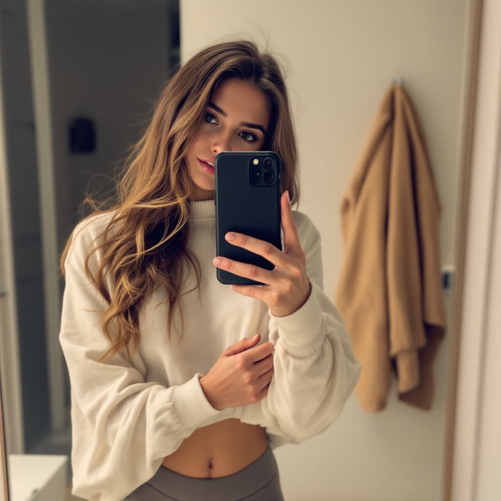 AI generated: the girl takes a photo with her phone of herself in the mirror, she has 24 years old, has straight b...