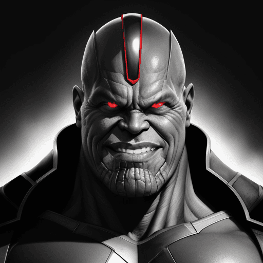 AI generated: A striking black and white portrait of the Thanos, with only his vibrant red smile standing out agai...