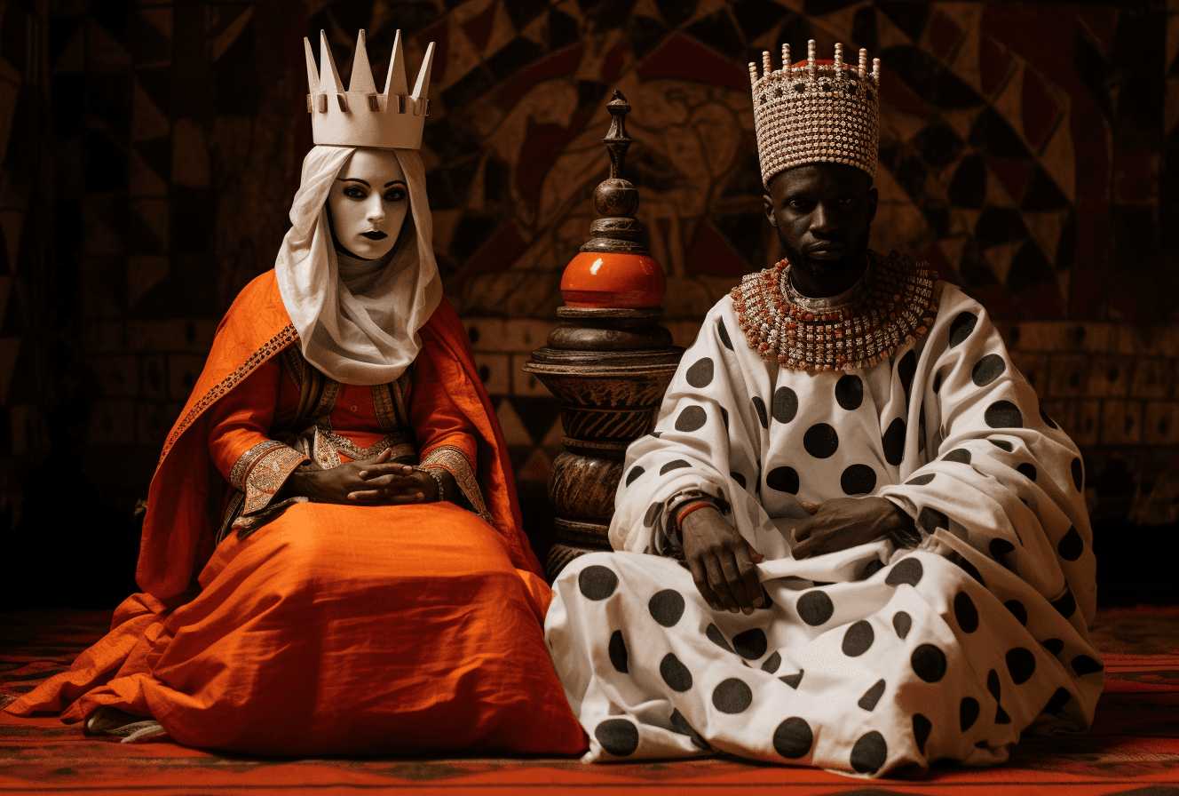 AI generated: two persons in costumes in front of an object, in the style of art of the ivory coast, sultan mohamm...