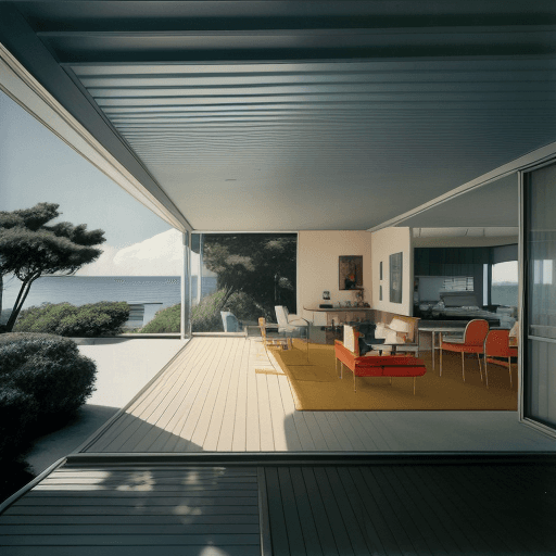 AI generated: Hyper realistic eye level exterior photo of a mid century modern style house overlooking the ocean, ...
