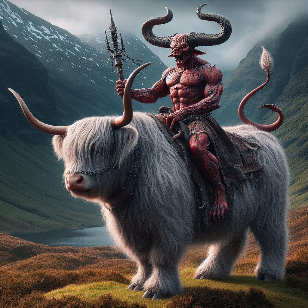 AI generated: Demon riding a highland cow