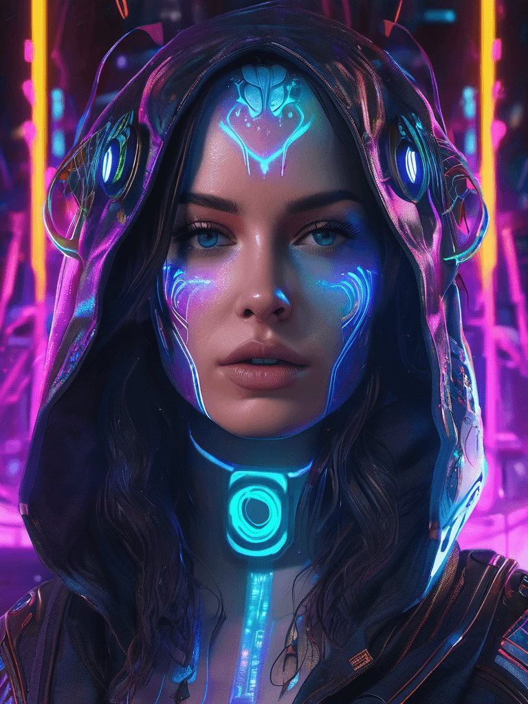 AI generated: close up of a woman with glowing tattoos, (flying through a paradox), cyberpunk, art, glowing neon l...