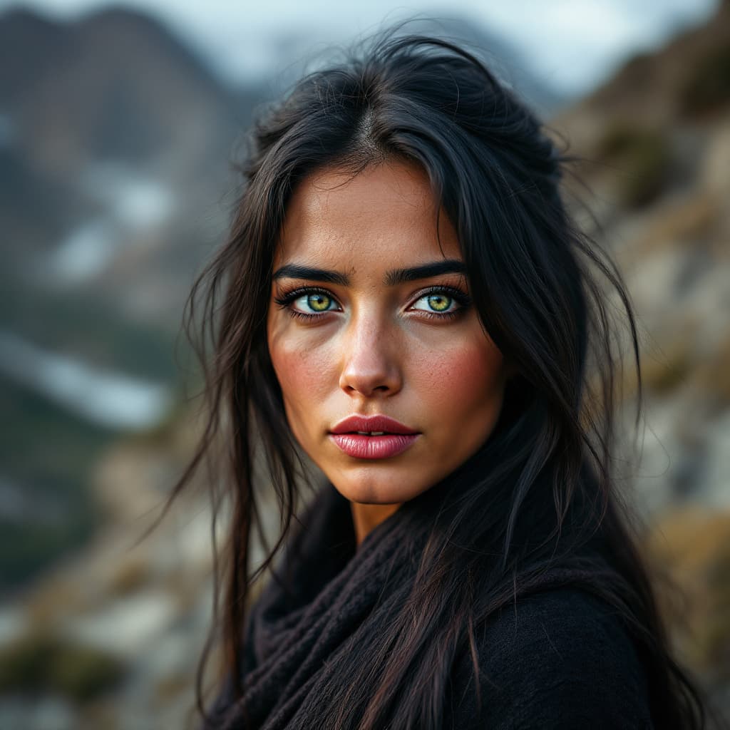 AI generated: In a mountain, A close-up color portrait of an Afghan woman with green eyes, long black hair, the wo...