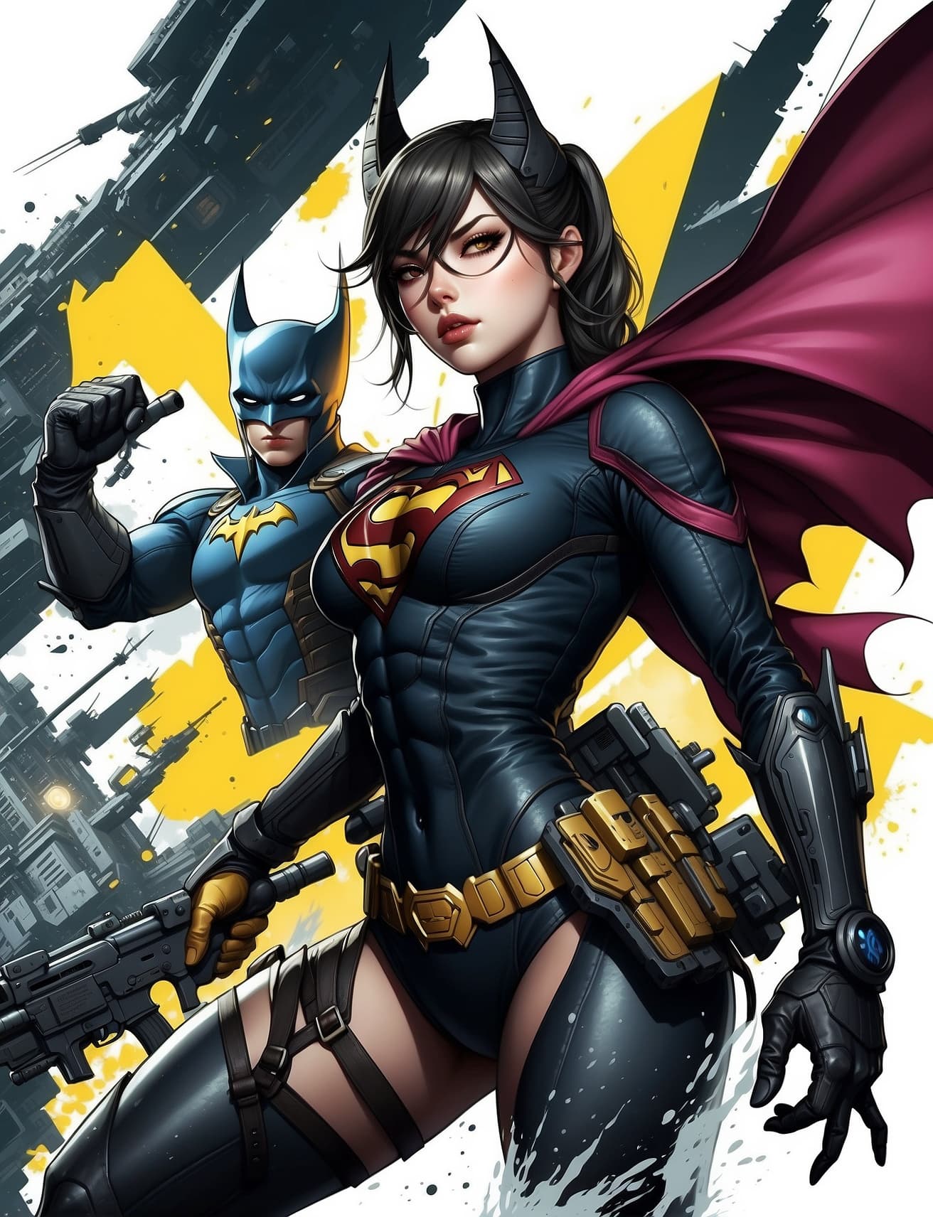 AI generated: a masterpiece, batgirl/supergirl from dc comic wearing alternate yellow costume, coy and alluring, f...