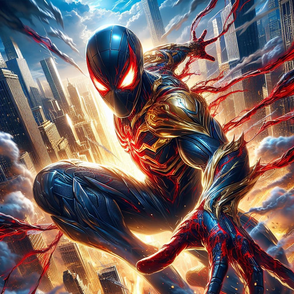 AI generated: A high ground angle shot, skyscrappers on low ground, Spiderman fighting at war, raging, character d...