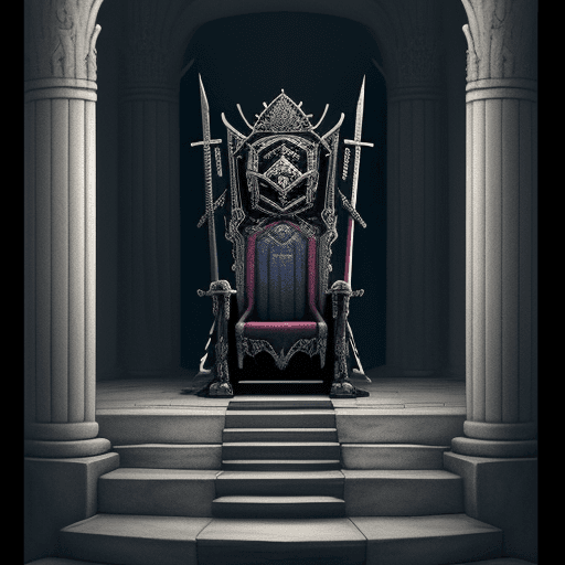 AI generated: A throne surrounded by many swords,The throne is empty,at the top of the stairs,empty,Swords in the ...