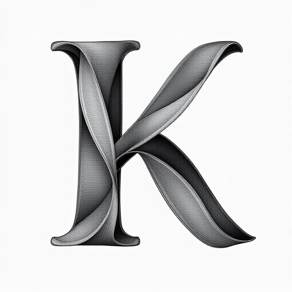 AI generated: A letter K but made to look like a ribbon, the ribbon weaves in and out and has a flowing nature but...