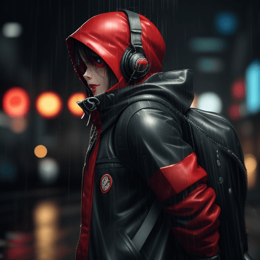 AI generated: a close up of a person with a backpack in the rain, cyberpunk art, pixiv, render of a cute 3d anime ...