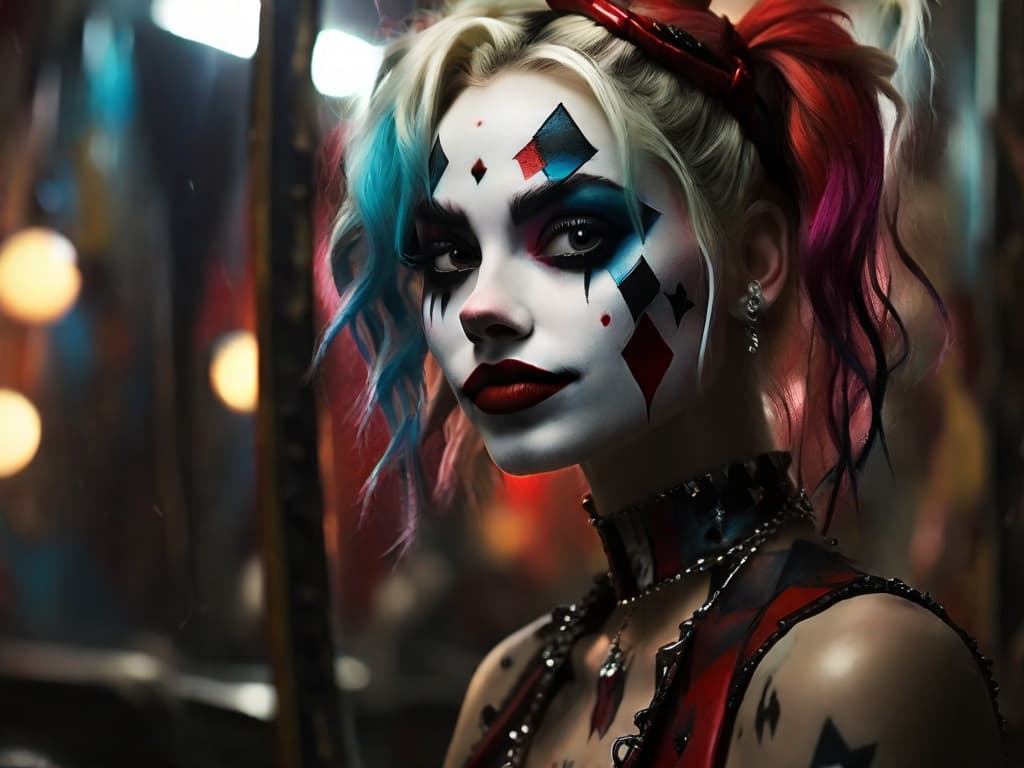 AI generated: "Harley Quinn, in the style of a Tim Burton illustration, gazing into a cracked mirror, chaotic back...