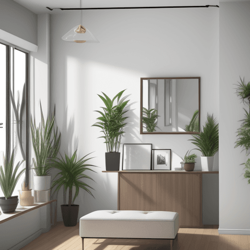 AI generated: interior design corner, modern mirror shape, cozy houseplant, daylight, modern furnitur, 8k render -...