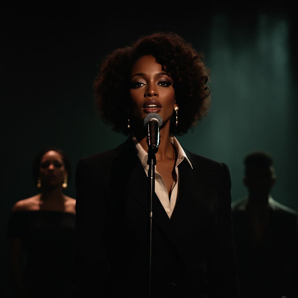 AI generated: A dignified, elegant female singer with dark skin, resembling Whitney Houston, standing on a dimly l...