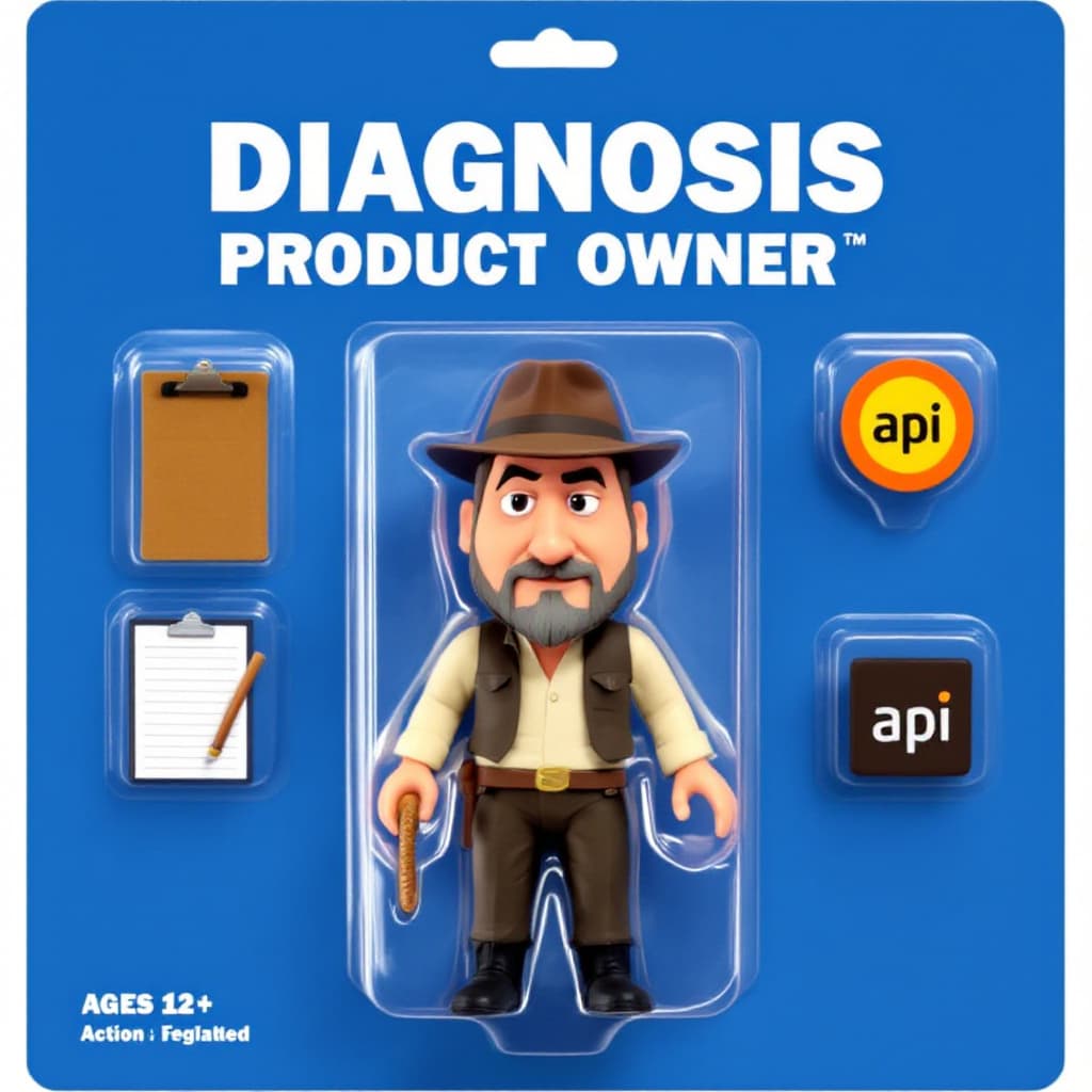 AI generated: A stylized collectible action figure in a toy package labeled "Diagnosis Product Owner" for ages 12+...