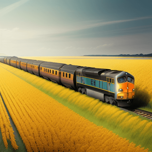 AI generated: a train drives through a field, in the style of ethereal trees, dark yellow and azure, majestic, swe...