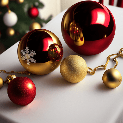 AI generated: Christmas red and gold balls on table, white bacgroud,  