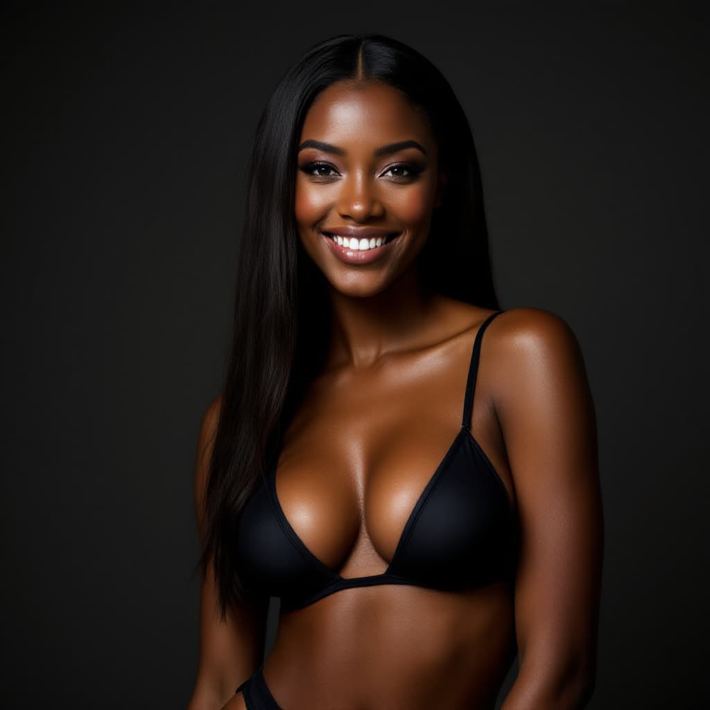 AI generated: a professional photograph of a black woman standing, smiling, and giving a pose into the camera. She...