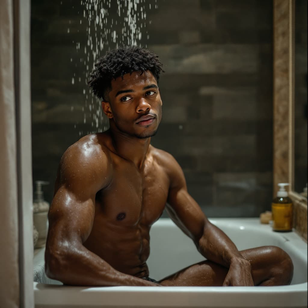 AI generated: Man anda boy in the bathroom, naked, soft and medium wood, dark boy, realistic.