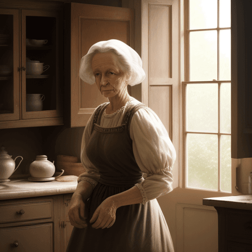 AI generated: antique_woman_in_soft_light_coming_from_a_kitchen