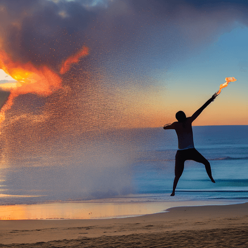 AI generated: A Fire breather, performing in front of the sunset beach in Southern California
