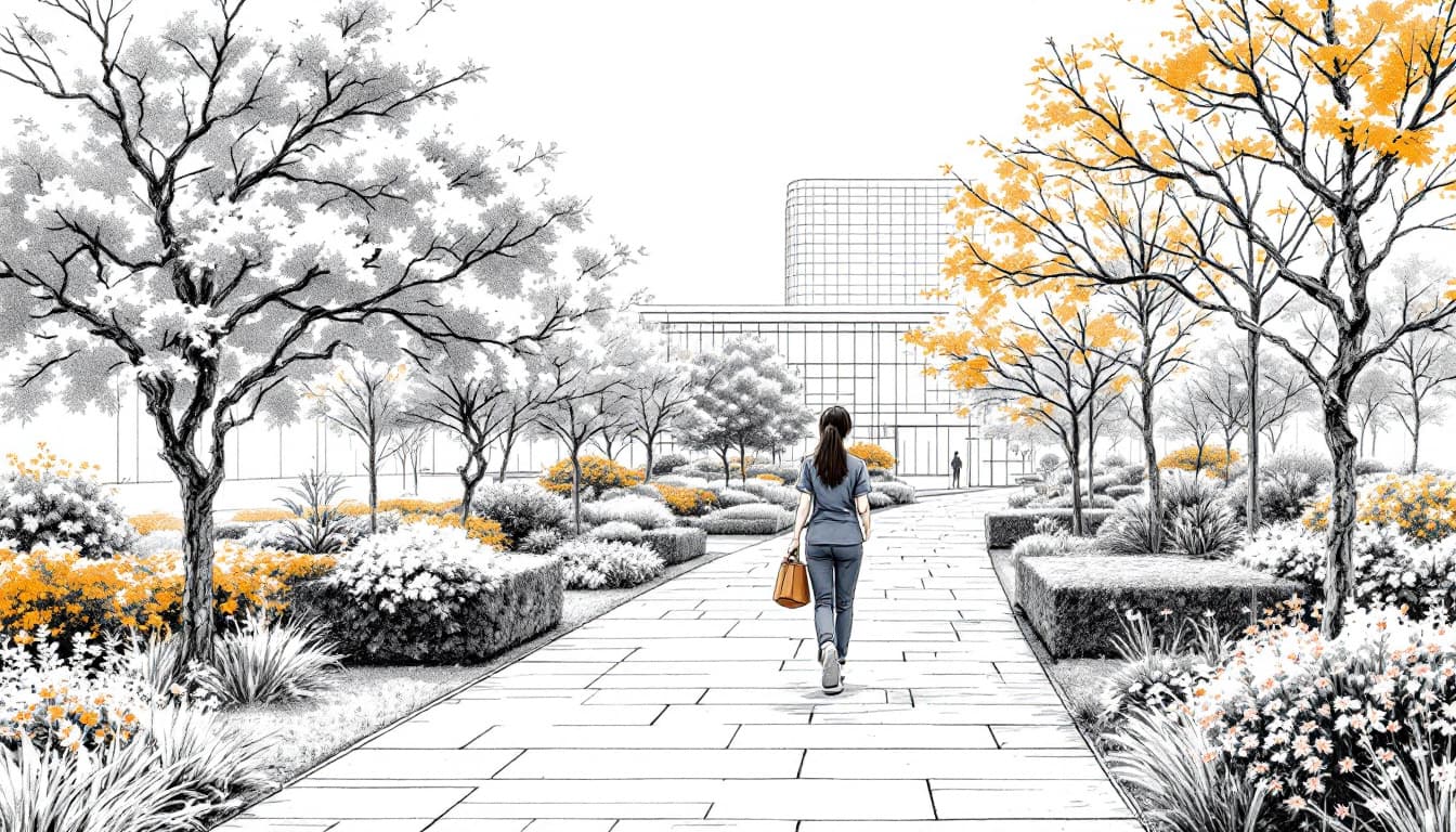 AI generated: Pencil sketch drawing of a Japanese female worker walking along a modern garden path lined with seas...