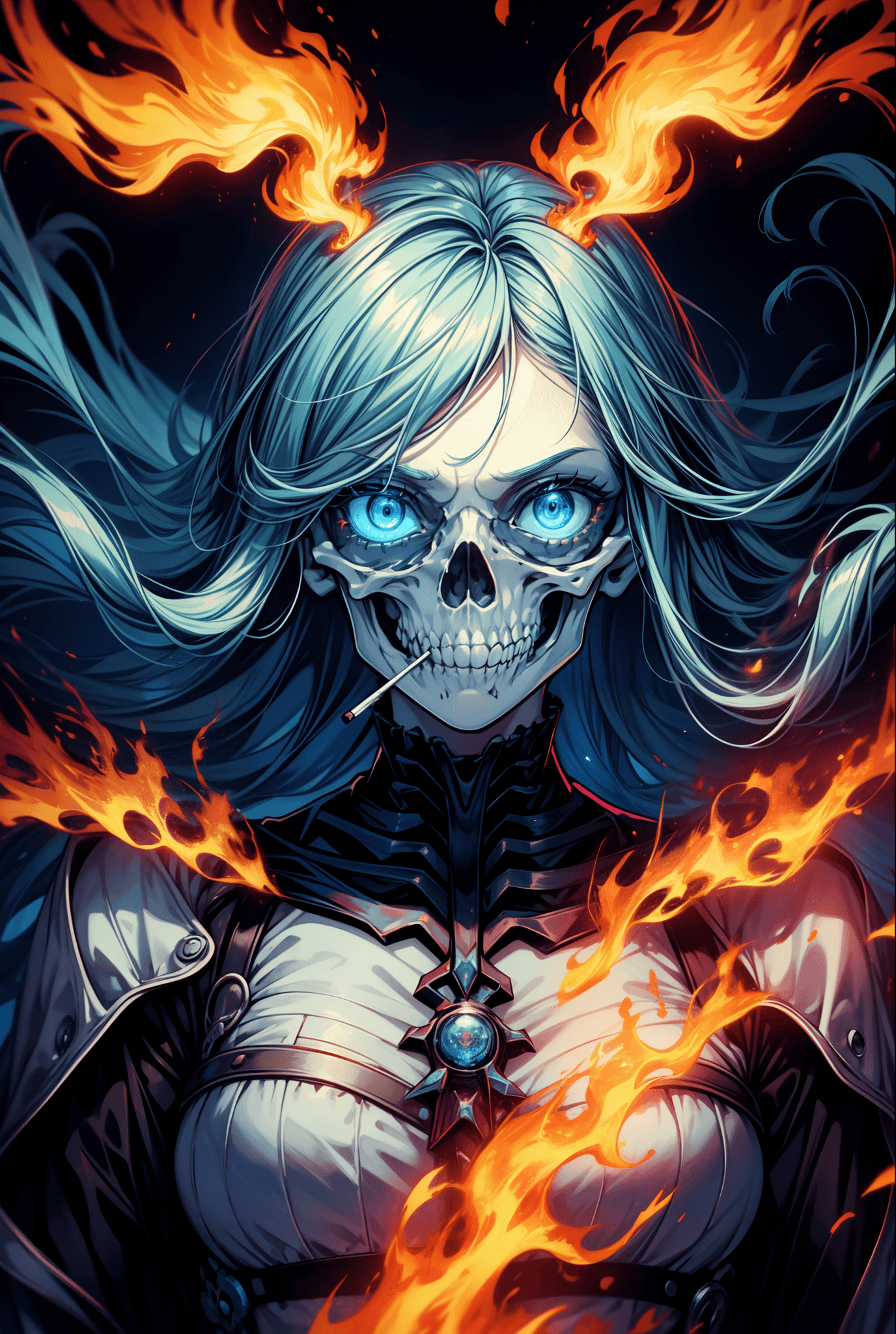 AI generated: a painting of a skeleton smoking a cigarette, digital art, by Dan Mumford, behance contest winner, p...