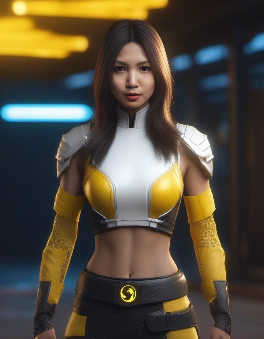 AI generated: Mortal Kombat Tanya, modern blonde version, cyberpunk, outdoor, street, vivid yellow, hyperrealism, ...