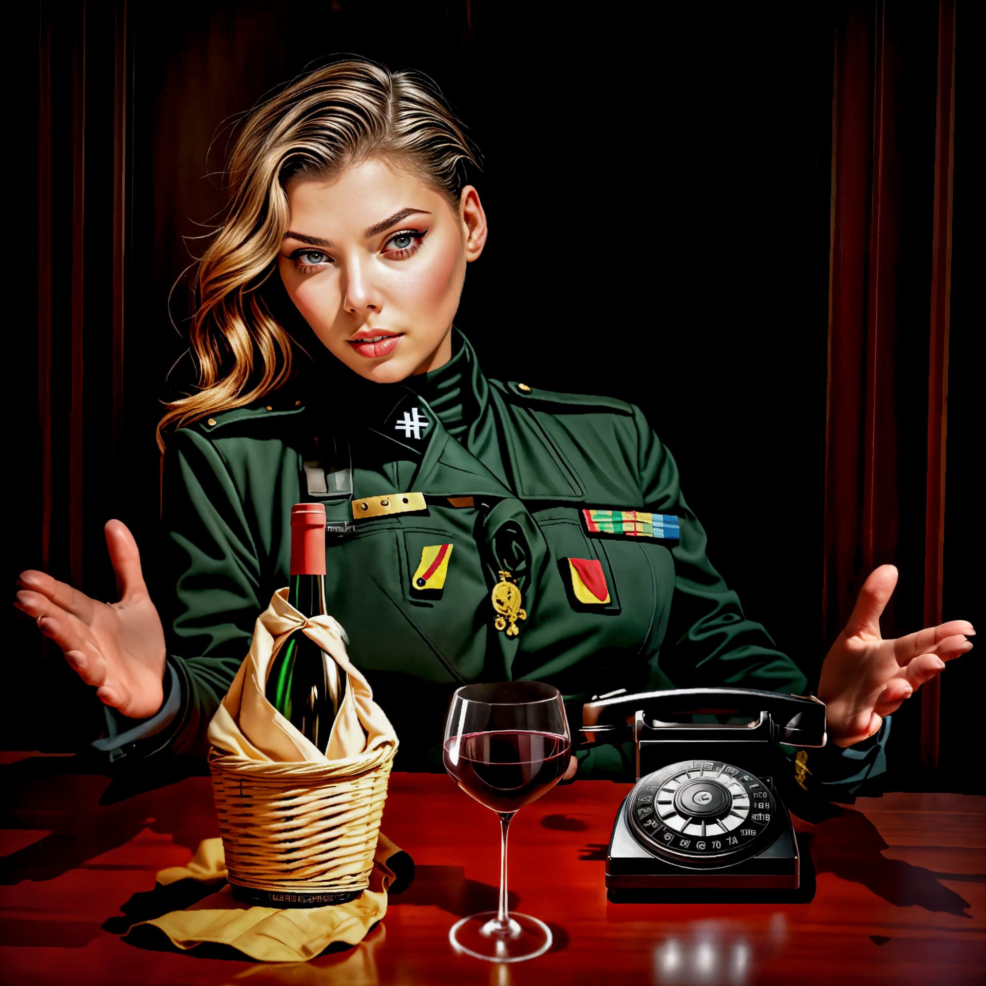 AI generated: raw photo, femme fatale a Nazi SS Colonel in 50s pinup style with a sly, seductive smirk, she locks ...