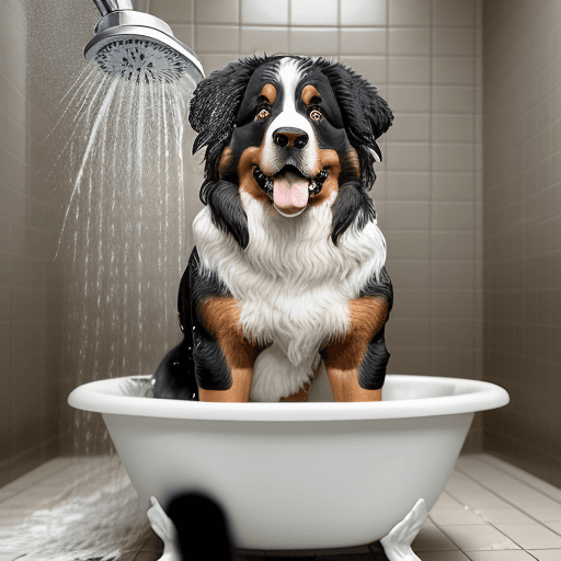 AI generated: Create a photograph of a Bernese Mountain Dog being bathed. The image should capture the dog showing...