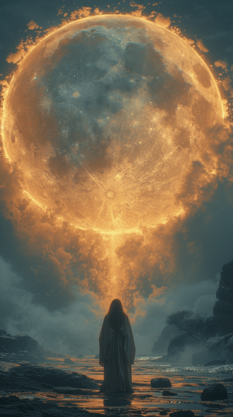 AI generated: a man standing in front of an image of the moon, in the style of unreal engine 5, wiccan, beeple, sa...