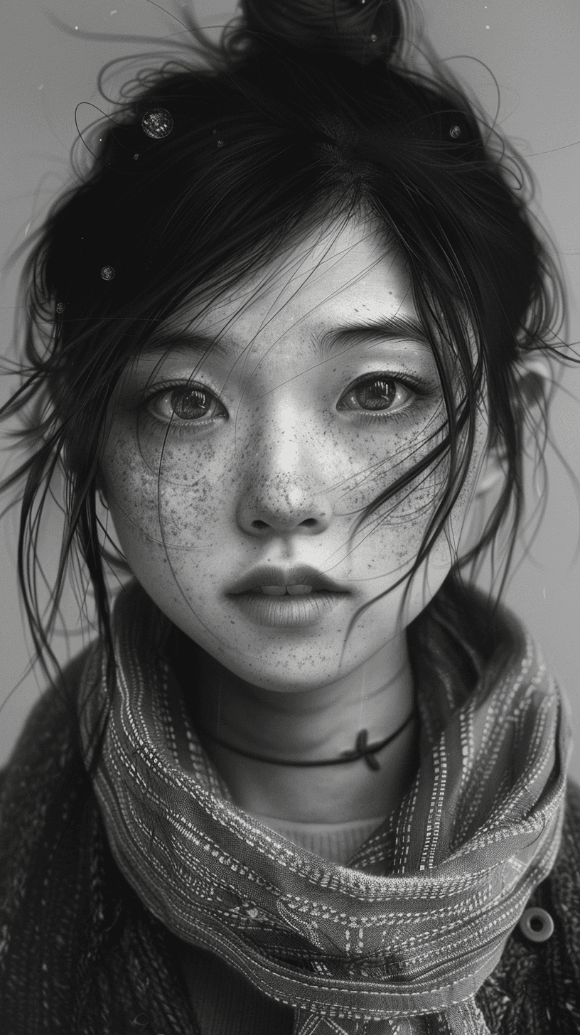 AI generated: a black and white photo of a woman with freckles, a character portrait, by jeonseok lee, cgsociety c...
