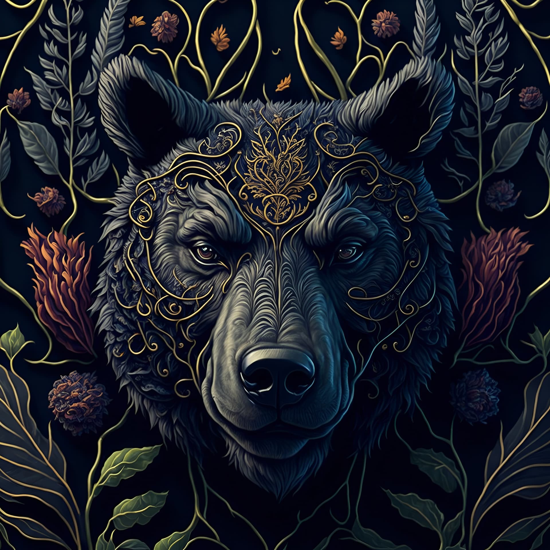 AI generated: A vibrant botanical steampunk illustration realistic bear face, symmetrical, style of William Morris...