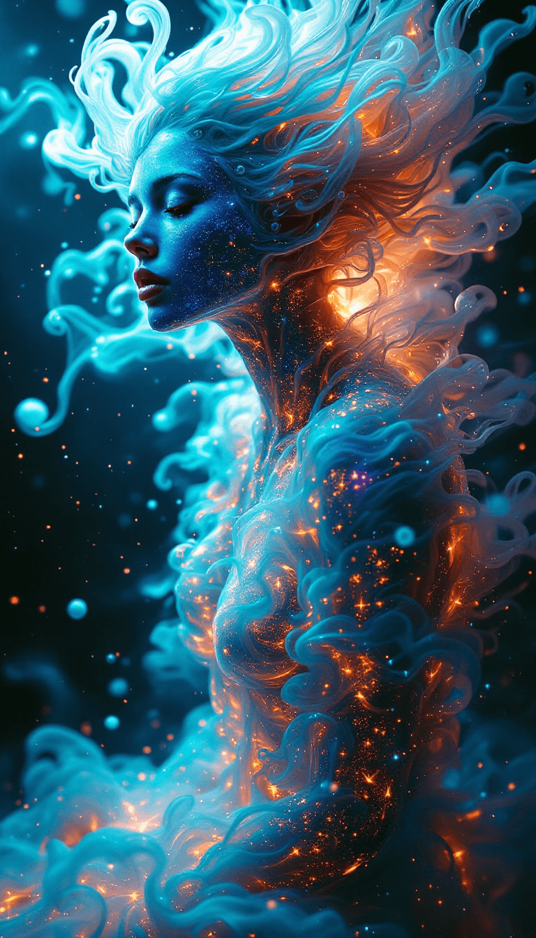 AI generated: Metamorphosis through Swirling Gases: A series of photorealistic images depicting a figure undergoin...