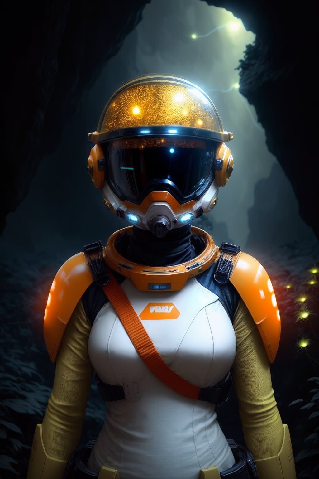 AI generated: classicnegative photo, a female space soldier wearing an orange and white space suit exploring a riv...