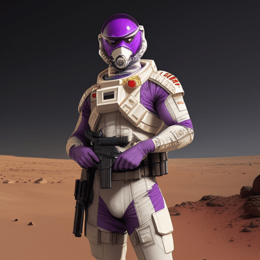 AI generated: big masculine white and purple realistic  hero  with mask on mars with gun